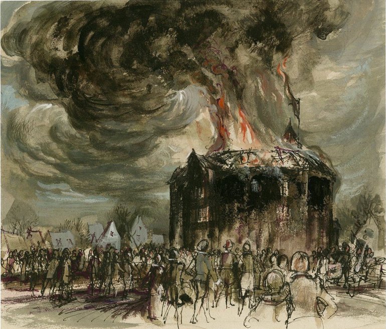Image of The Globe Theater on fire where the works of William Shakespeare was originally performed