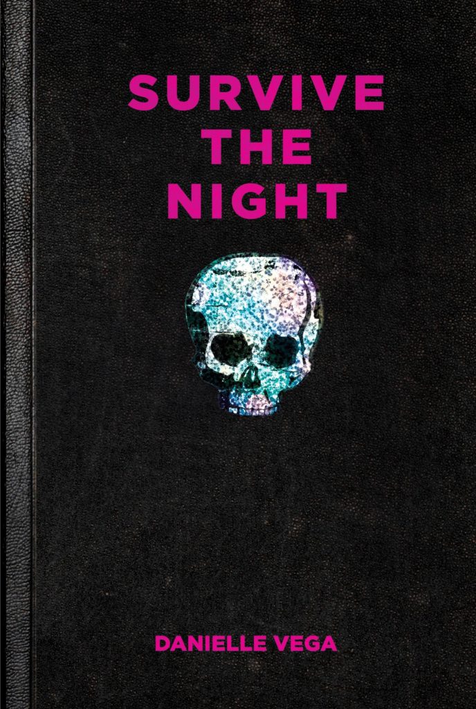 a skull with aqua blue and a dark blue with a white background of white for the skull. The book itself is black with pink text that reads survive the night