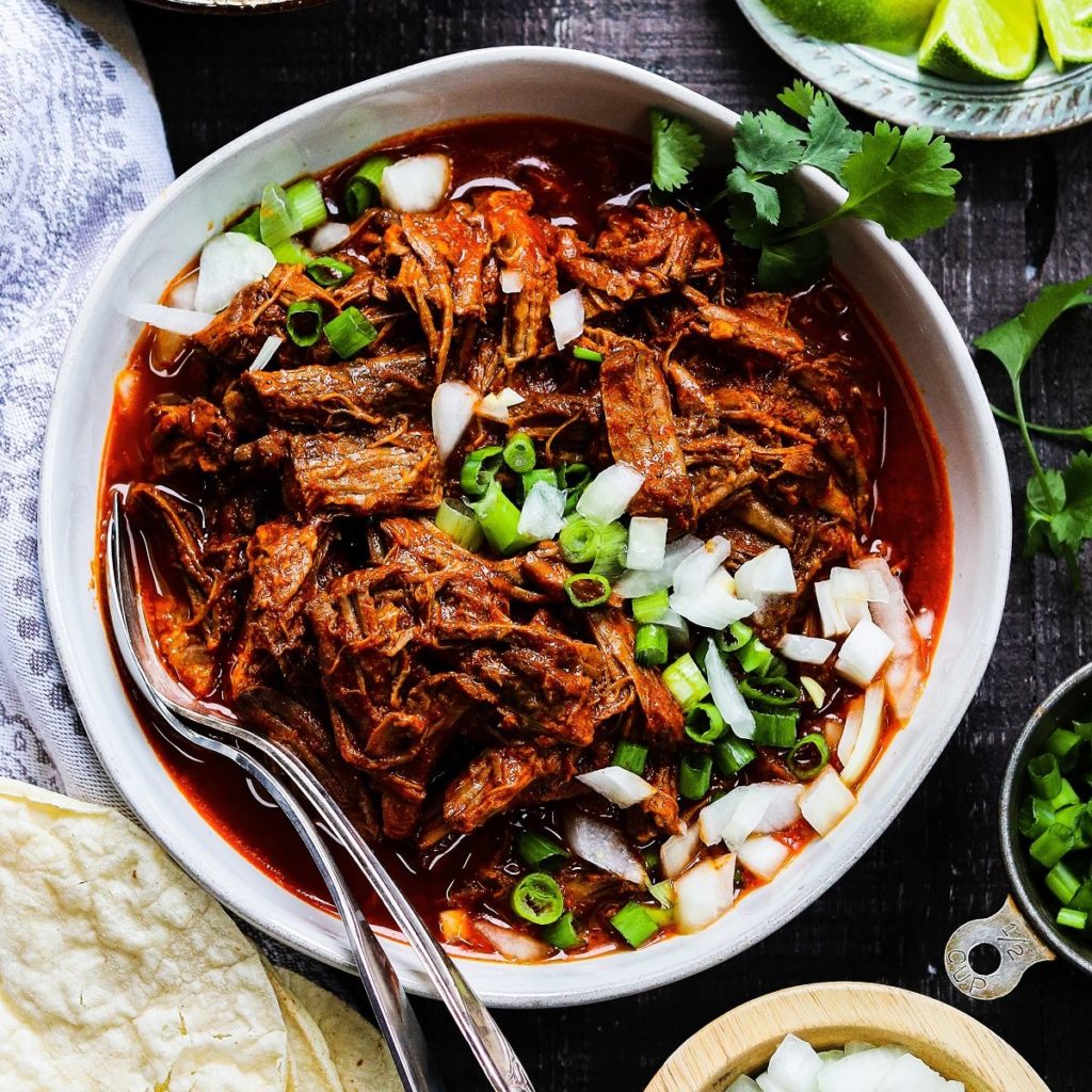 Birria dish in a white bowl garnished with scallions.