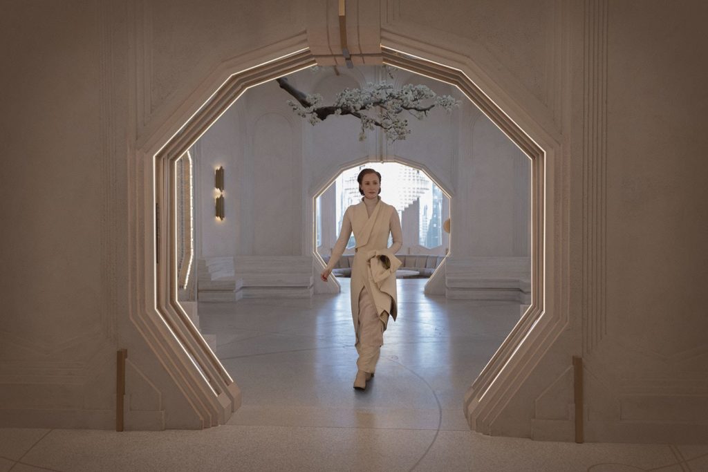 From 'Star Wars: Andor,' Mon Mothma walks around her all white home.
