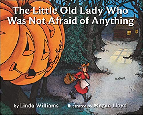 Your Next Read Based On Your Halloween Aesthetic. 'The Little Old Lady Who Was Not Afraid of Anything.' Big carved pumpkin with a woman walking up to a house