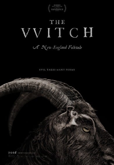 Psychological Horror Is Better Than Jump Scare Horror. Movie poster for 'The Witch' a black goat with horns and yellow eyes.