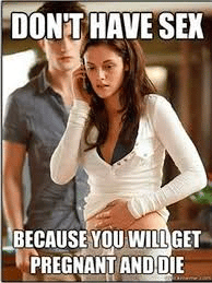 Don't have sex because you will get pregnant and die-- breaking dawn part 1 meme with Bella on the phone