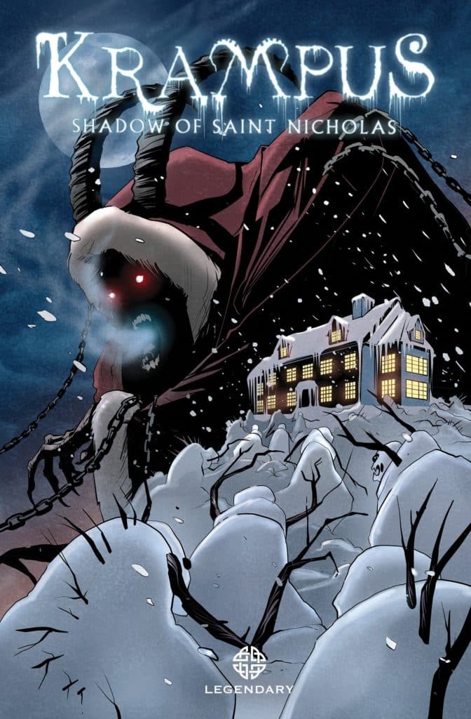Krampus: Shadow of Saint Nicholas-- book cover with Krampus looking over.