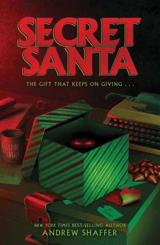 Secret Santa novel cover-- with a gift left ajar.