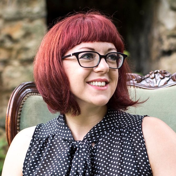 Inviting Authors for Christmas Dinner. Author Victoria Schwab in polka dot shirt.