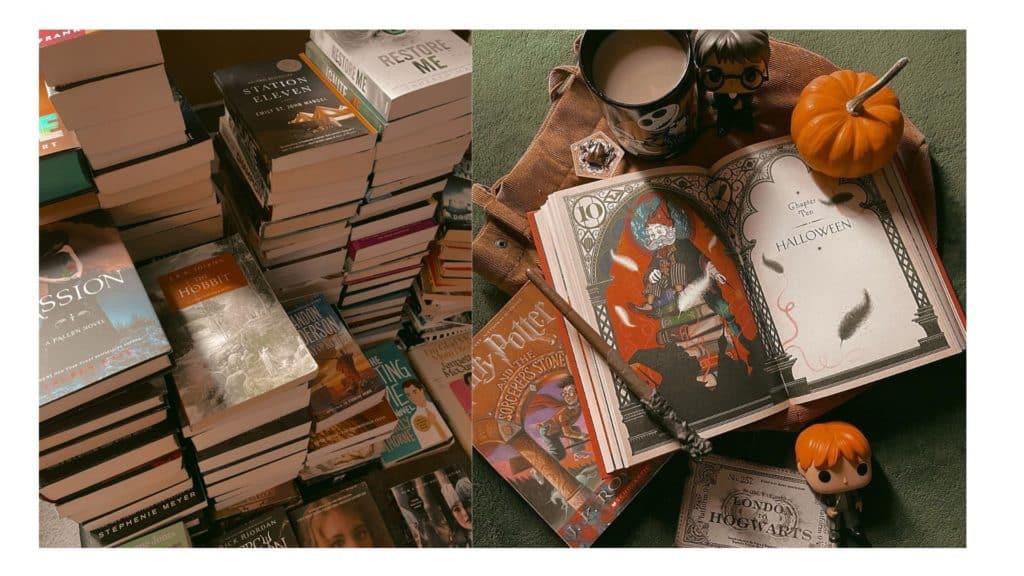 a stack of books next to an open face book