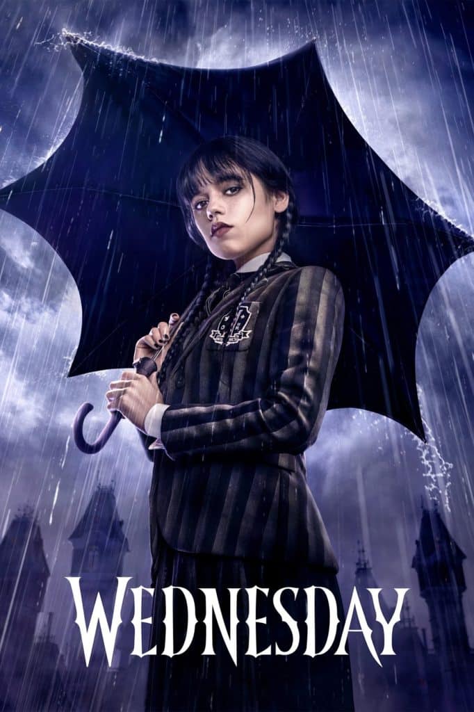 Jenna Ortega as Wednesday Addams holding a black umbrella