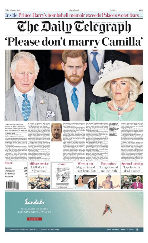British newspaper reactions to Prince Harry memoir, 'Spare'