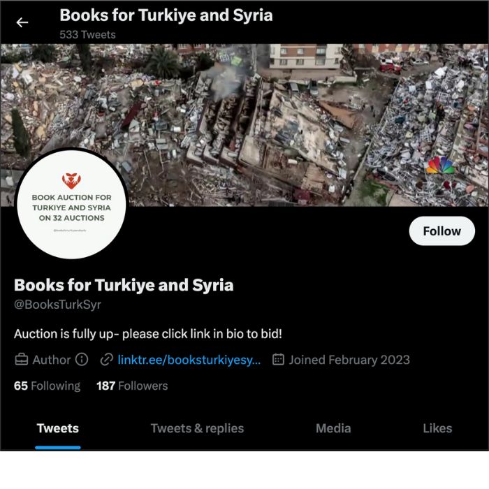 'Books for Turkiye and Syria' Twitter account profile