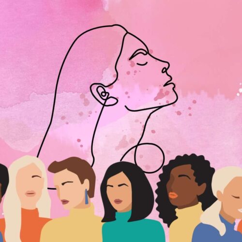 Over a splotchy, sparkly pink background is a diverse row of women, varying in shades of skin tone, hair color, and shirts or tops. In the center of the background is a line sketching of a woman with long hair, eyes closed, and head cast upwards.