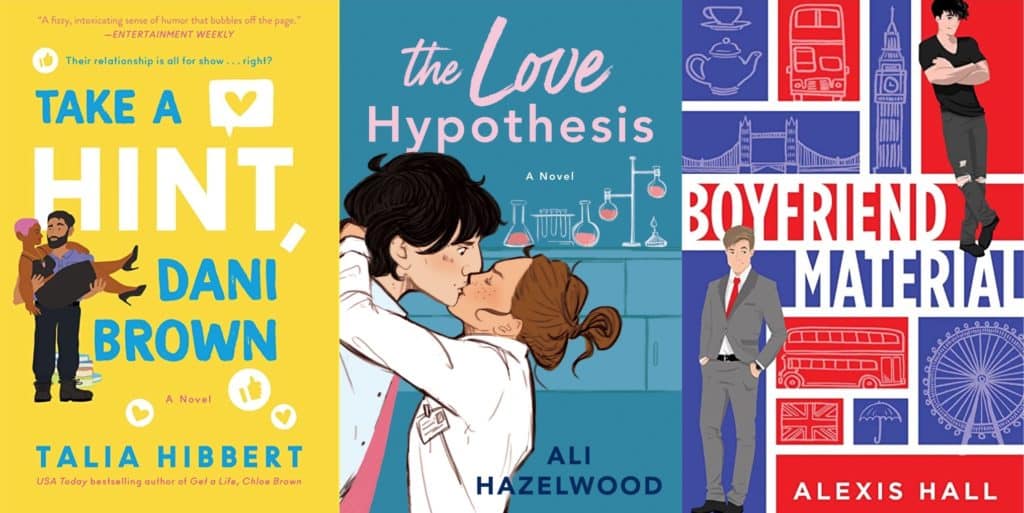 romance tropes: Take a Hint, Dani Brown by Talia Hibbert, The Love Hypothesis by Ali Hazelwood, and Boyfriend Material by Alexis Hall book covers