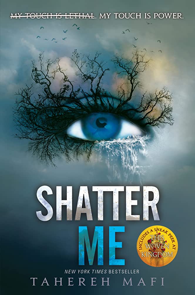 The cover for 'Shatter Me' depicting an open eye with trees and waterfalls lining it.