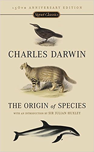 the book cover of The Origin of Species with a bird, a wild cat, and a whale