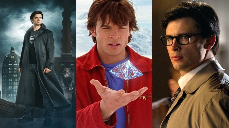 Tom Welling as Clark Kent in Smallville-- as the blur-clark Kent wearing red jacket and blue shirt-and him as an adult wearing his glasses and coat.