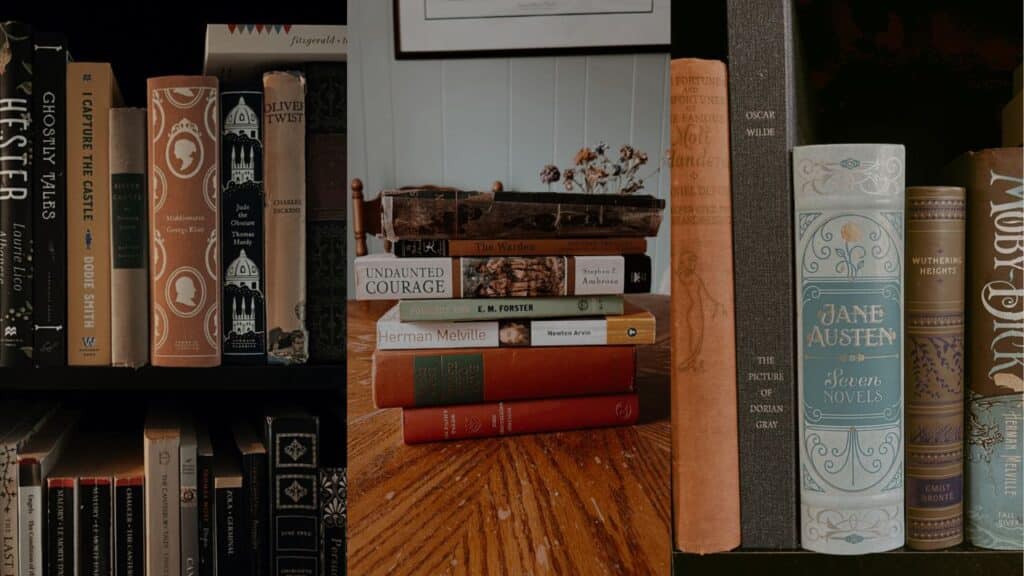 Three images side by side.On the left, a shelf full of classic literature books follows the dark academia vibe that Madison has set. One of Jane Austen's books stands out among the rest.In the middle, a stack of classic literature sites on a wooden table against a light blue background. On the right, a stack of books sits on a bookshelf. A collection of Jane Austen's seven novels sits in the middle of the frame and draws the viewers eyes the most.cr. Madison / @classic.literature.love