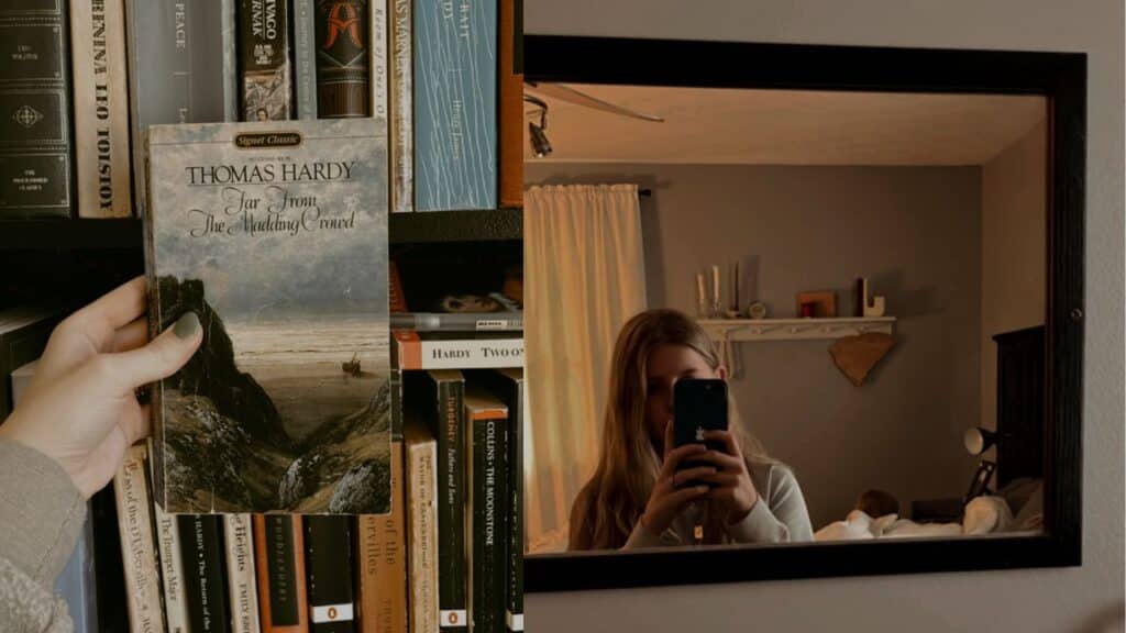 Two images side by side. On the left, our Bookstagrammer of the Week, Madison, holds up a worn copy of Thomas Hardy's Far From The Maddening Crowd against a shelf full of books. On the right, Madison is taking a mirror selfie. Her phone is obscuring the majority of her face but her long blonde hair is visible. She has a white shelf on her wall and white curtains covering her window.cr. Madison / @classic.literature.love