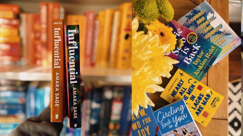 Two images side by side.On the left, two book spines are in focus against a vibrant bookshelf that contains orange books on the top shelf and blue books on the bottom shelf. The two book spines in focus are both the Influential by Amaara Sage. On the right, a collection of books sits on a wooden table. There is a large arrangement of flowers that takes up the left-hand side of the image. The books are (from left to right) One for Sorrow, Two for Joy by Marie-Claire Amuah, Circling Back to You by Julie Tieu, Nearly All The Men In Lagos Are Mad Damilare Kuku, Carrie Soto is Back by Taylor Jenkins-Reid, and Tomorrow and Tomorrow and Tomorrow by Gabrielle ZevinImages credited to Anita of @booksinherhands, our Bookstagrammer of the Week.