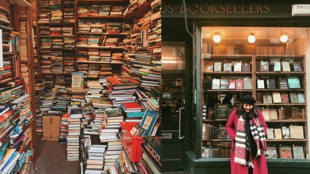 Two images side by side.On the left, there is stacks on stacks on stacks of books. They have completely overrun the walkway of this bookshop. The shelves are completely full and there are no discernable book covers.On the right, our Bookstagrammer of the Week, Matina of @breathing_pages, is standing in front of a bookshop. She is wearing a long red coat, red striped scarf, and a dark colored beret. The bookshop window is lined with completely full bookshelves.cr. Matina / @breathing_pages