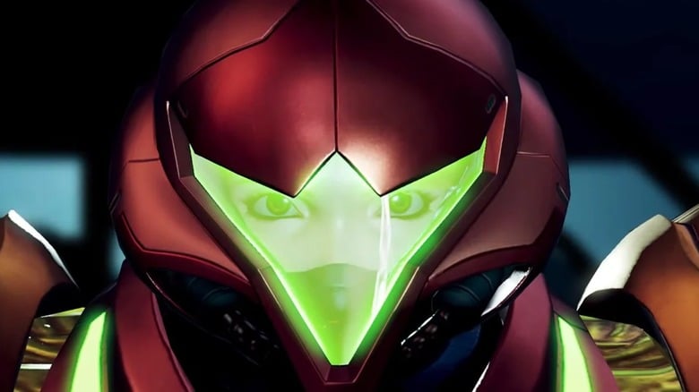 A close up of Samus in her armor in 'Metroid: Dread'.