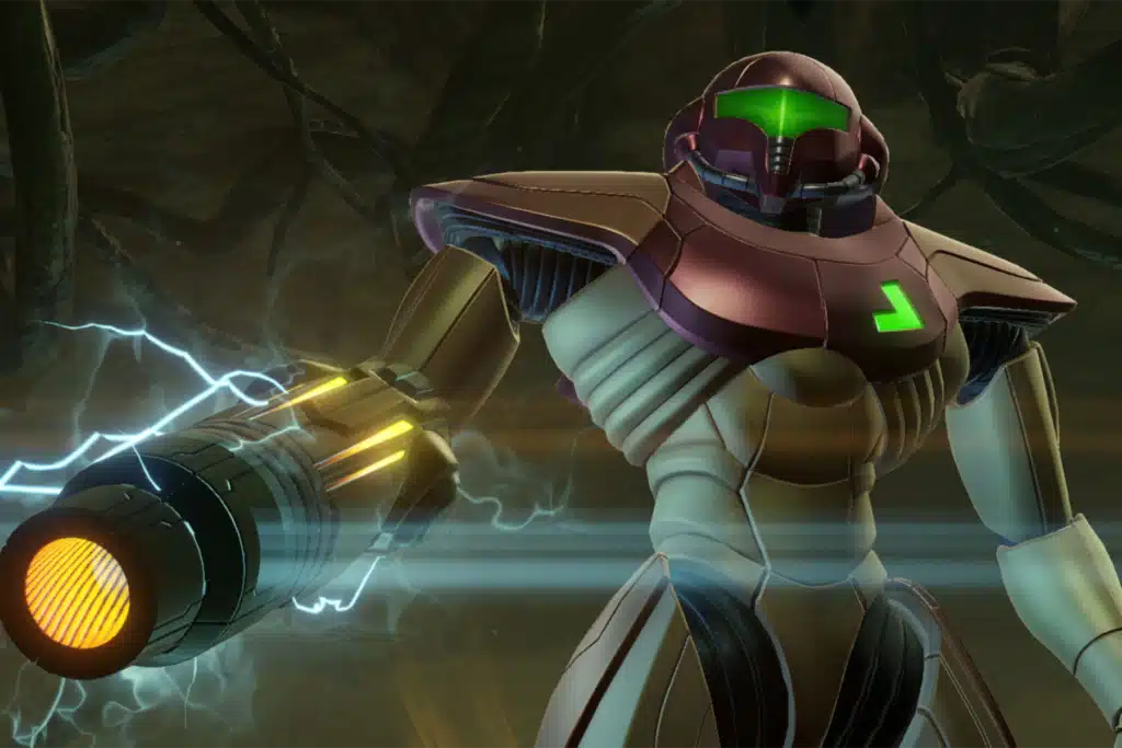 Samus charging up her gun in Nintendo's Metroid Prime Remastered