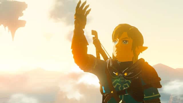 A still from Nintendo's Tears of the Kingdom trailer depicting Link inspecting his new arm