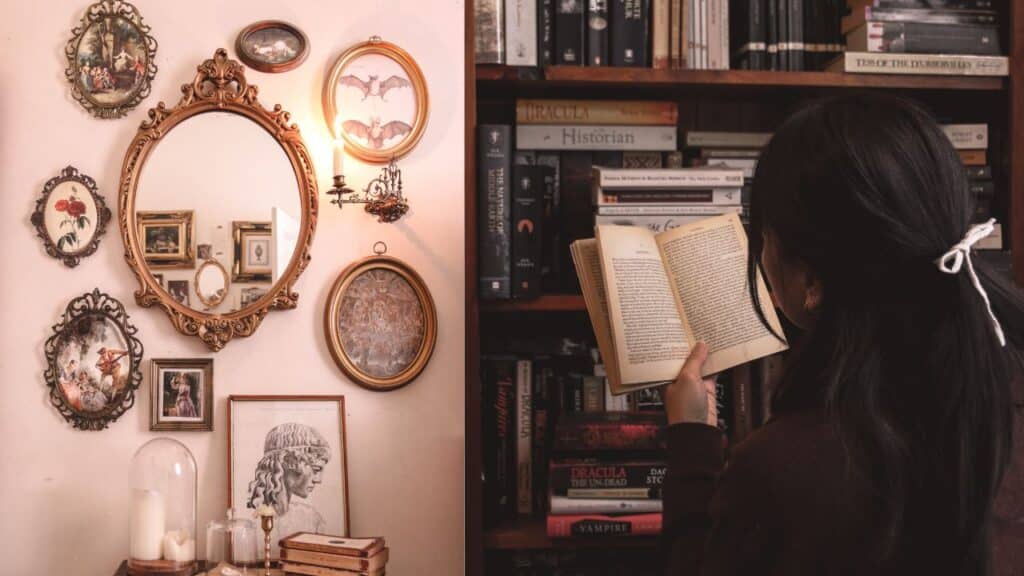 Two images side by side.On the left, a collection of mirrors and ornate photo frames with pictures of flowers in them. They are set on a beige wall with candles lighting the surrounding area. On the right, our Bookstagrammer of the Week, Danielle of @draculelle, sits with her back to the camera. She is reading a book in front of a full bookshelf. She is wearing a dark brown long sleeved shirt and her hair is tied back with a light string.cr. Danielle / @draculelle