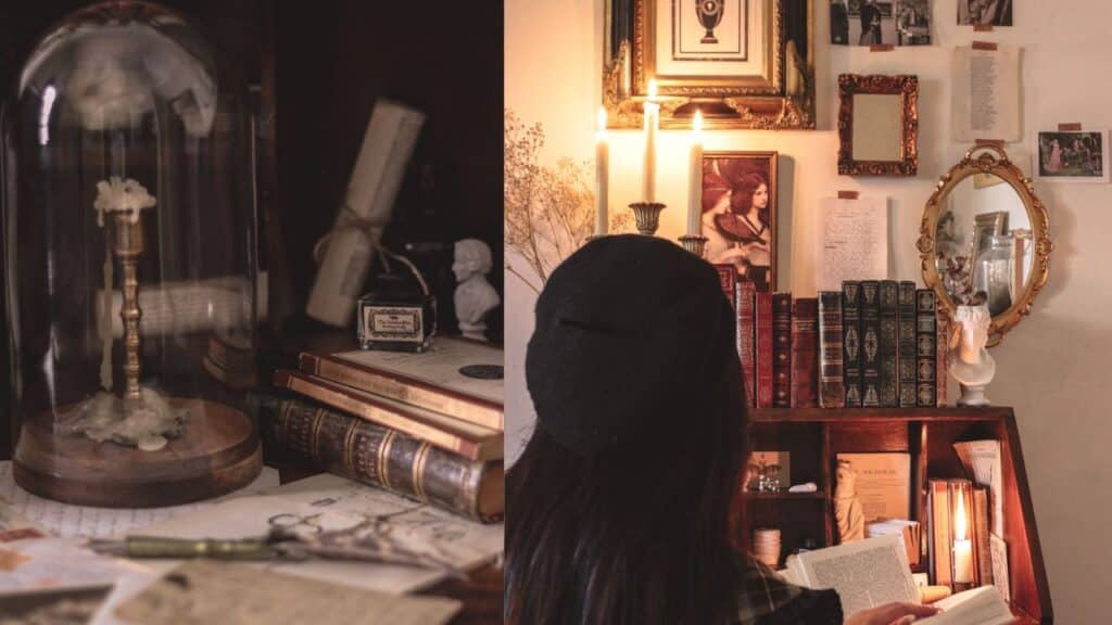 Two images side by side.On the left, a candlestick sits in a glass case. The wax of the candle wraps around the gold candlestick holder. The desk is full of books and disorderly papers. In the far back there is a paper rolled up and tied up with a string.On the right, our Bookstagrammer of the Week, Danielle of @draculelle, sits in front of a desk full of books. She is facing away from the camera and wearing a dark beret hat. The wall is covered in mismatched photos and ornate mirrors. cr. Danielle / @draculelle