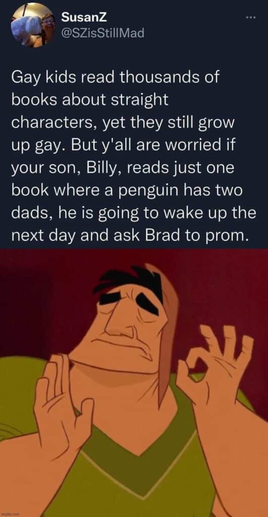 image-says-gay-kids-read-thousands-of-books-about-straight-characters-yet-they-still-grow-up-gay-but-y'all-are-worried-if-your-son-billy-reads-just-one-book-where-a-penguin-has-two-dads-he-is-going-to-wake-up-the-next-day-and-ask-brad-to-prom