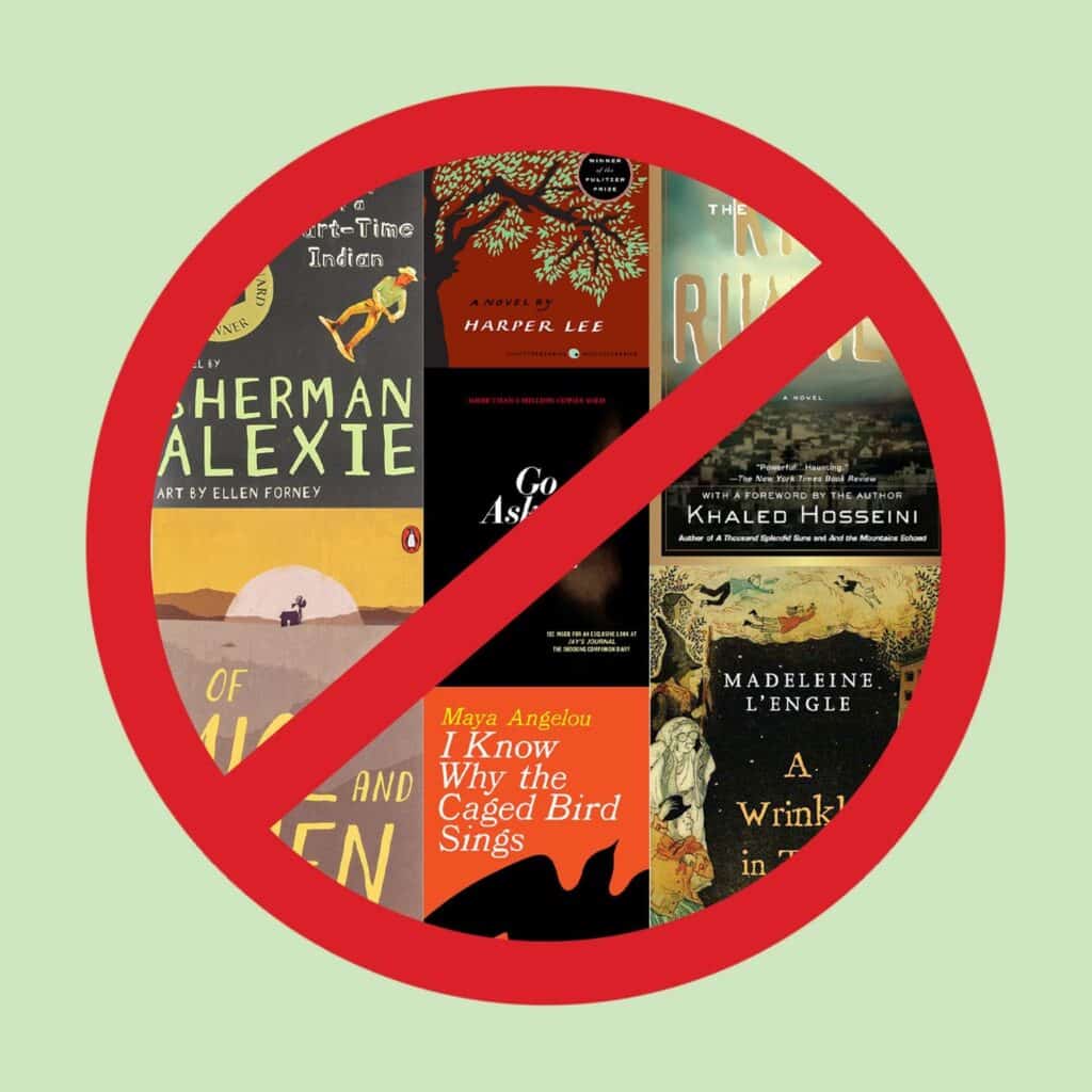 A list books crossed out with a red censor overtop