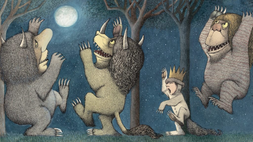 max-and-three-wild-things-playing-at-night-under-a-full-moon-in-the-forest