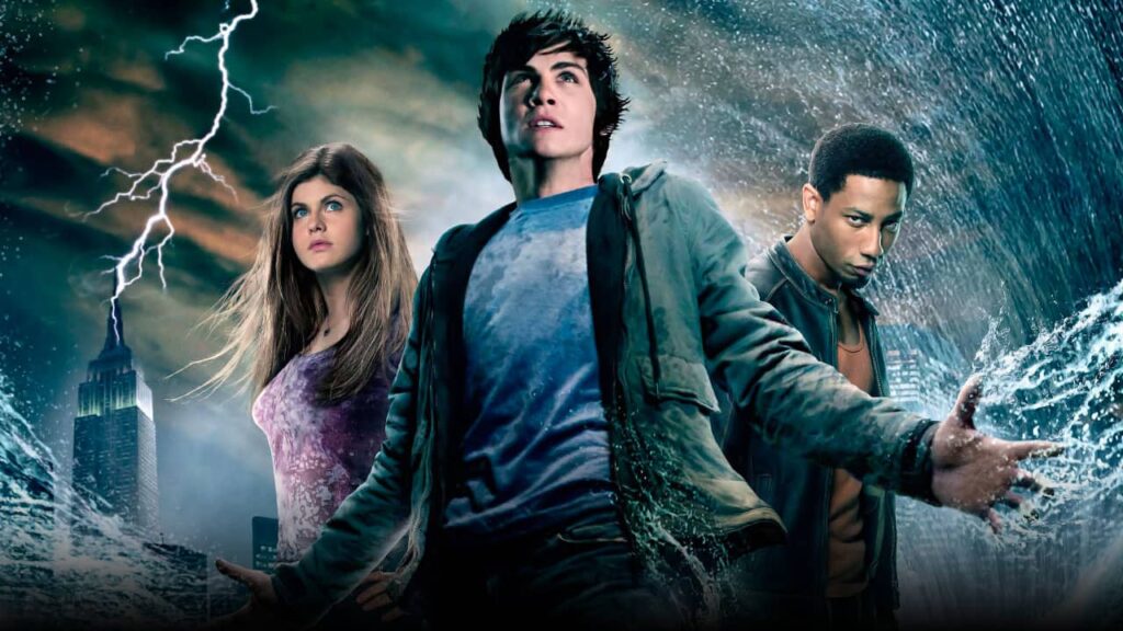 Percy Jackson stands in front of an intense storm with his friends, in his right Grover Underwood and on his left Annabeth Chase - movie Percy Jackson and the Lightning Thief (year 2010)