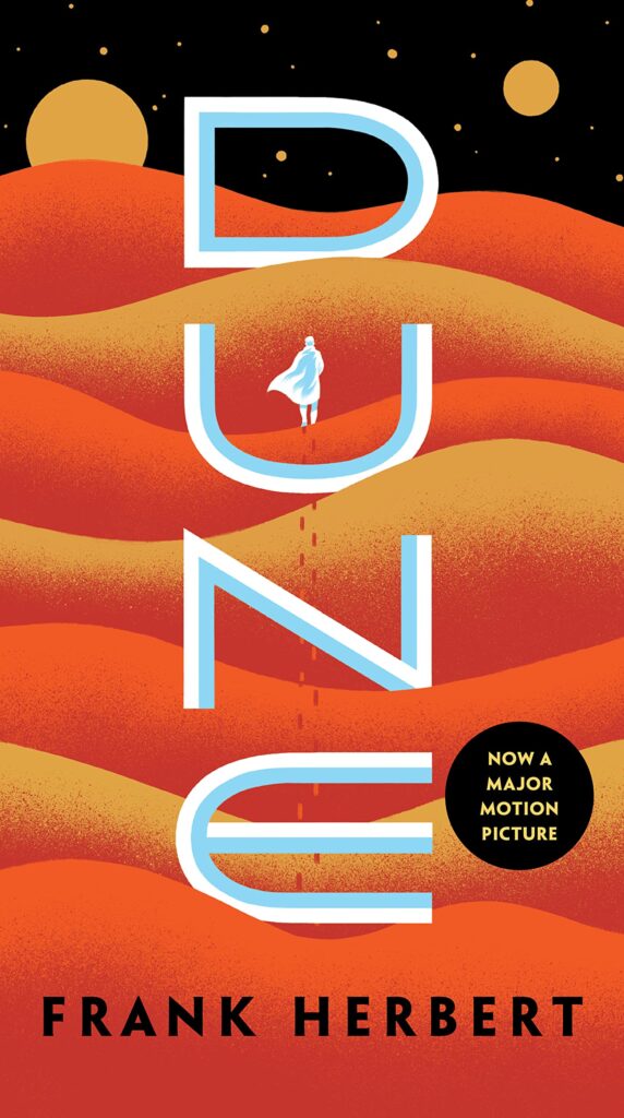 60s-kids-check-out-your-birth-years-most-popular-book-dune-book-cover-orange-wavy-sands-with-lone-cyan-blue-traveler-at-night-wwith-multiple-moons