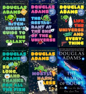 Six covers of "The Hitchhiker's Guide to the Galaxy" series by Douglas Adams-science-fiction-AI-google-ChatGPT