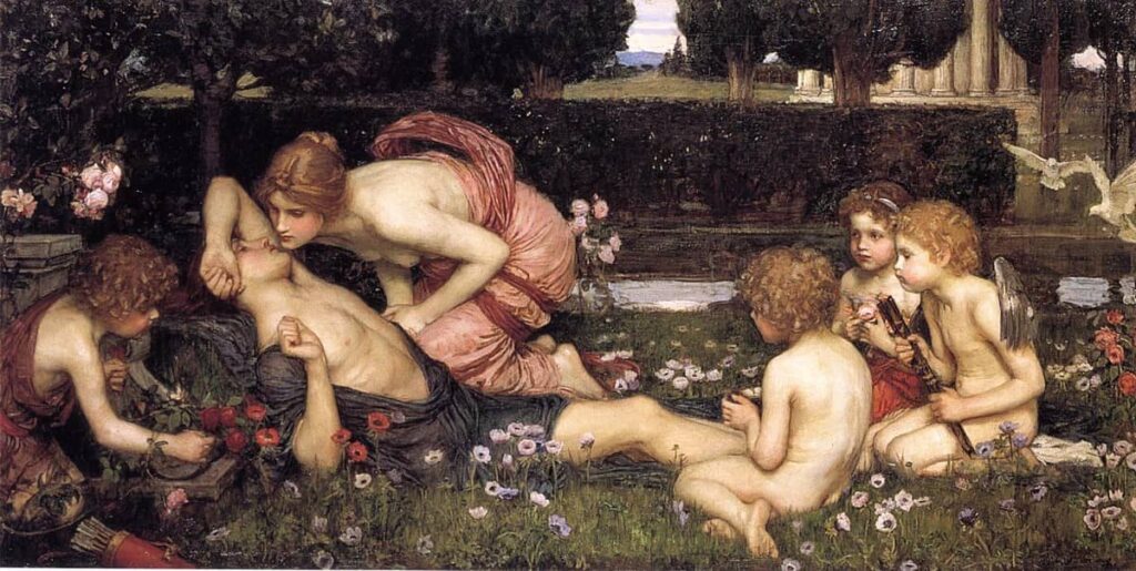 awakening-of-Adonis-painting-aphrodite-and-adonis-in-a-forest-red-rose