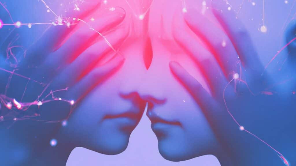 human-connection-polyamorous-two-people-holding-each-other-in-pinks-and-purples