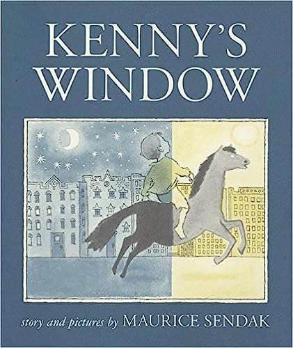 book-cover-of-kenny's-window-boy-riding-a-horse-from-night-to-daylight-city-background-maurice-sendak