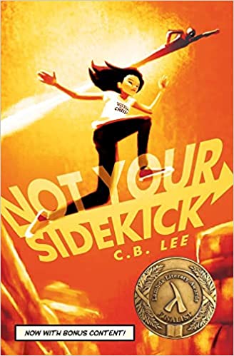 not-your-sidekick-cb-lee-orange-yellow-background-with-superhero-girl-jumping-pansexual-romance-book-cover