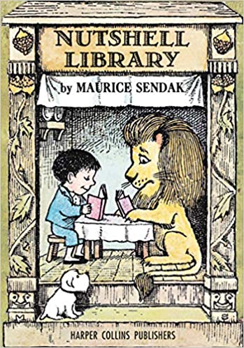 book-cover-of-nutshell-library-sendak-boy-and-liopn-sitting-at-a-table-reading-books-maurice-sendak
