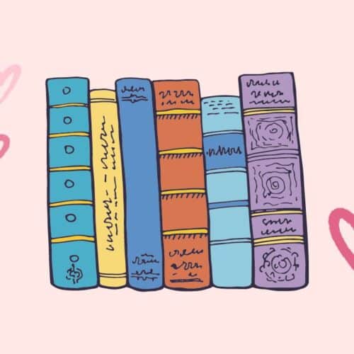 Six illustrated book spines on a light pink background with pink hearts in top, left and bottom, right corners.