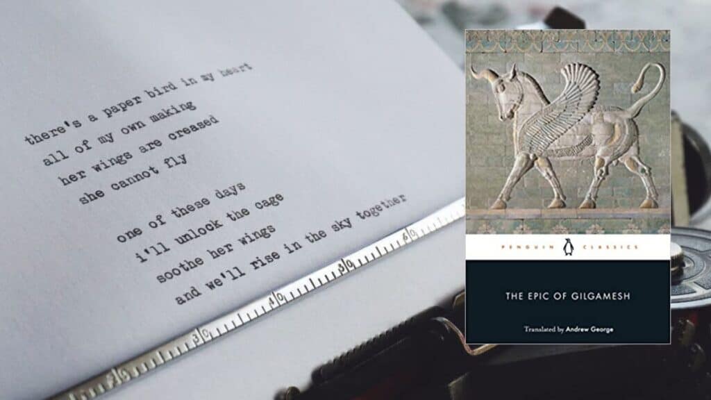 type-writer-with-a-poem-on-a-piece-of-paper-and-a-poem-book-cover-next-to-it-the-epic-of-gilgamesh-translated-by-andrew-george.