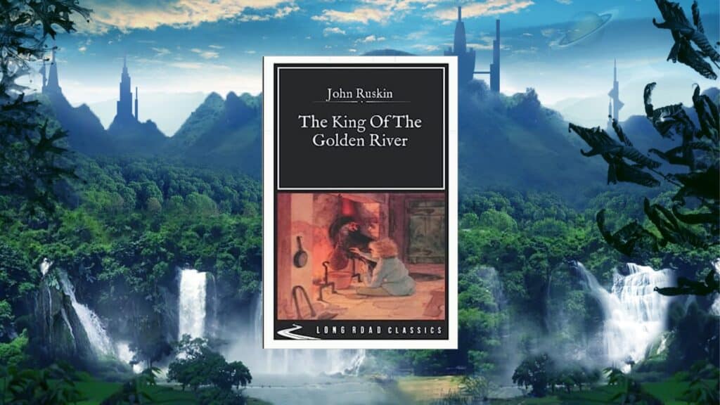 a-magical-forest-with-castles-and-waterfalls-and-a-book-cover-the-king-of-the-golden-river-john-ruskin-is-in-the-center.