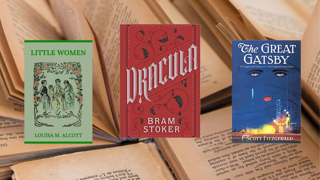 open-books-are-stacked-on-top-of-each-other-with-book-covers-in-front-little-women-by-louisa-m-alcott-and-dracula-by-bram-stoker-and-the-great-gatsby-by-f-scott-fitzgerald.