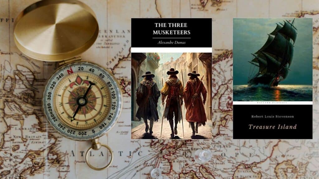 an-open-compass-on-a-detailed-map-with-book-covers-the-three-musketeers-by-alexandre-dumas-and-treasure-island-by-robert-louis-stevenson.