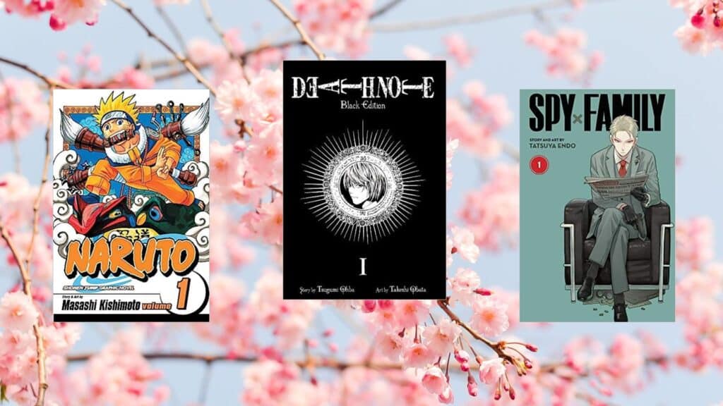 bright-pink-cherry-blossoms-with-a-bright-blue-sky-in-the-background-manga-covers-in-front-naruto-by-masashi-kishimoto-and-death-note-by-tsugumi-ohba-and-spy-x-family-by-tatsuya-endo.