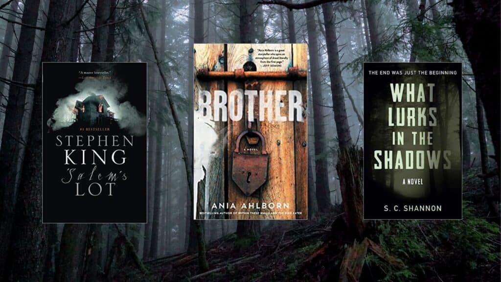 a-dark-and-ominous-looking-forest-with-mist-hovering-around-the-trees-book-covers-salems-lot-by-stephen-king-and-brother-by-ania-ahlborn-and-what-lurks-in-the-shadows-by-s-c-shannon.