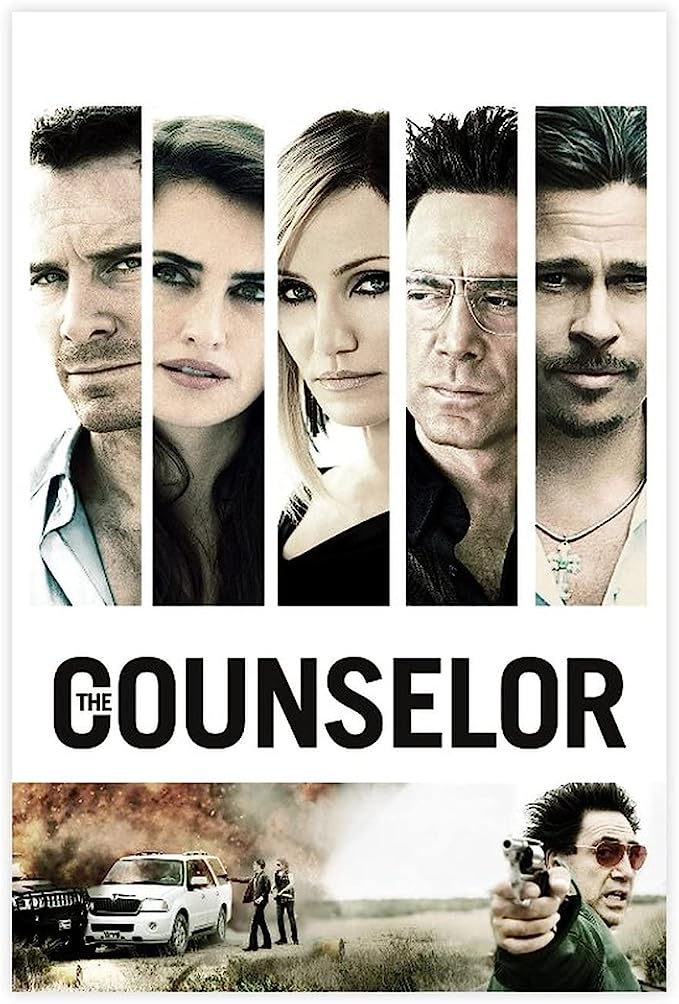 The-counselor-feature-film-movie-poster-adaptation-five-panes-with-characters-on-top-suv-and-armed-man-bottom