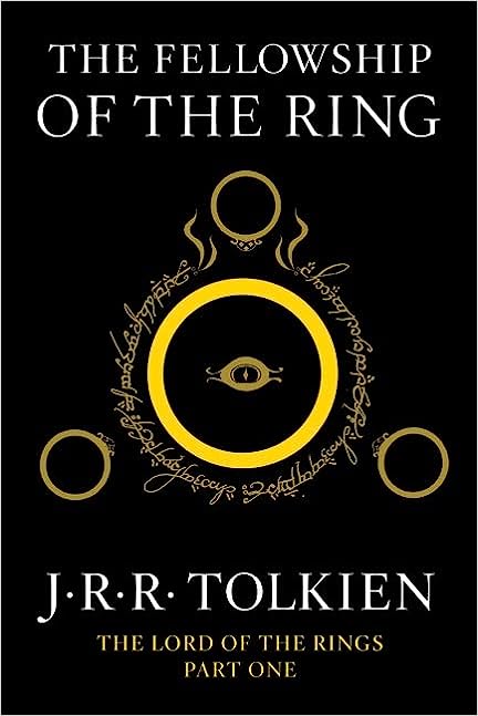 the-fellowship-of-the-ring-jrr-tolkien-three-gold-rings-with-eye-in-middle-black-background-ice-cream-book-pairings-book-cover