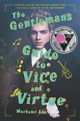 The-gentlemans'guide-to-vice-and-virtue-man-in-historical-garb-with-music-items-around-pansexual-romance-book-cover