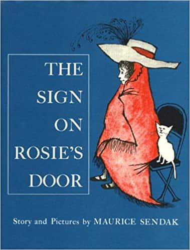 book-cover-of-the-sign-on-rosie's-doorwoman-sitting-on-chair-wrapped-in-red-blanket-wearing-a-large-hat-with-a-white-cat-sitting-bedide-her-maurice-sendak